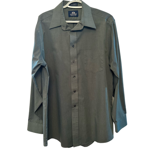 Stafford Mens Wrinkle Free Green Long Sleeve Button Up Dress Shirt Size 16 34/35 - Picture 1 of 4